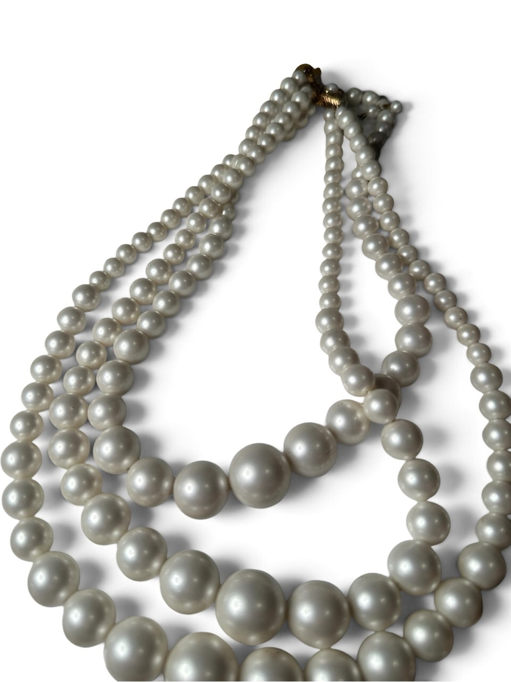 Vintage Triple Strand Graduated Faux Pearl Statement Necklace